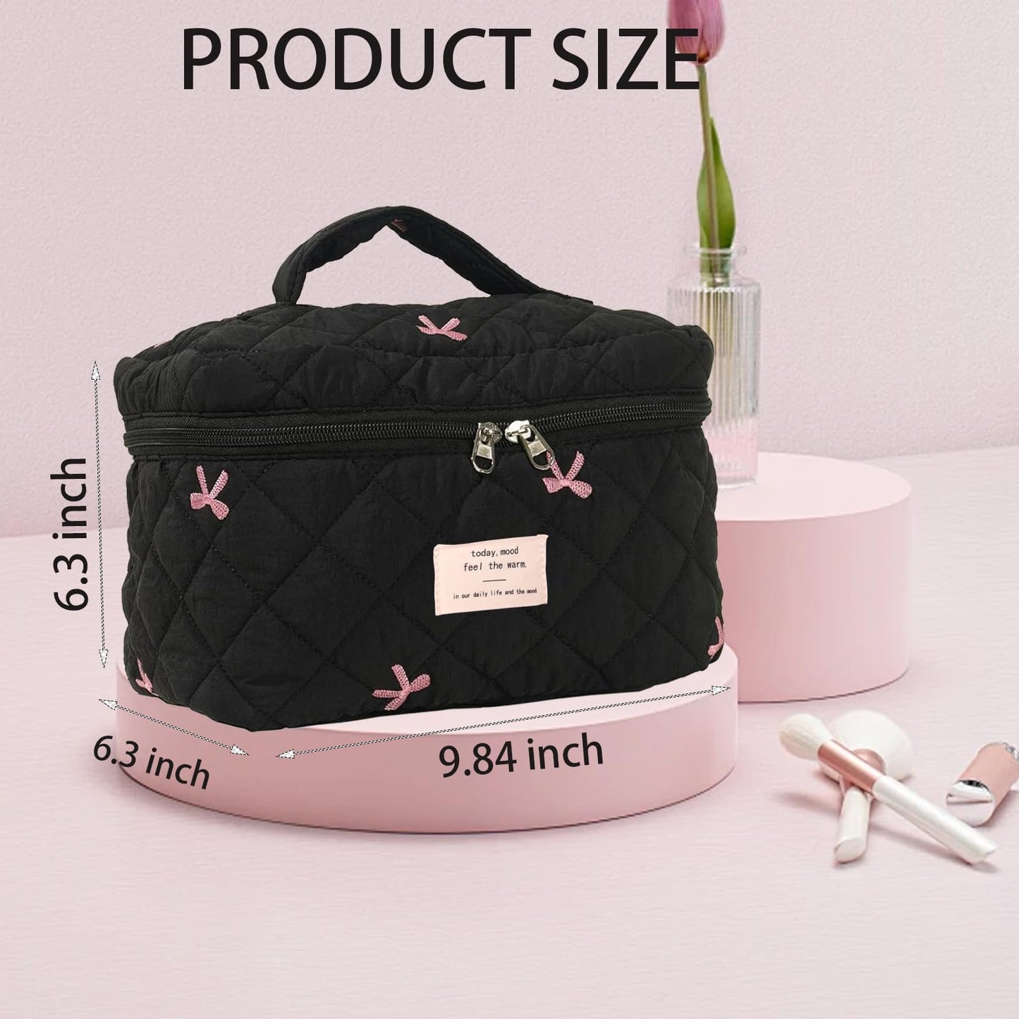 AMULOKRU Large Makeup Bag, Cute Cosmetic Bags for Women, Floral Quilted Makeup Bag, Coquette Aesthetic Toiletry Bag,Travel Makeup Organizer Bags-Black