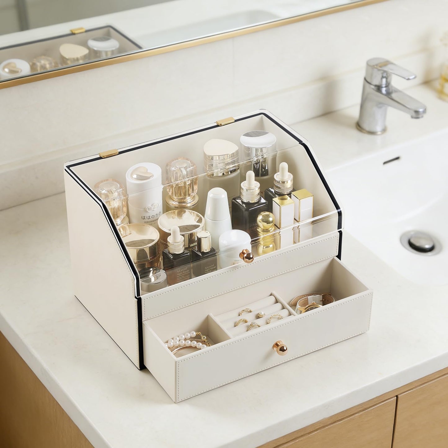 naiwenmoer Leather Makeup Organizer & Skincare Storage Rack - Cosmetic Display Case with Dustproof Transparent Cover, Drawer Jewelry Storage, for Bedroom Vanity, Perfume & Lipstick Organizer - White