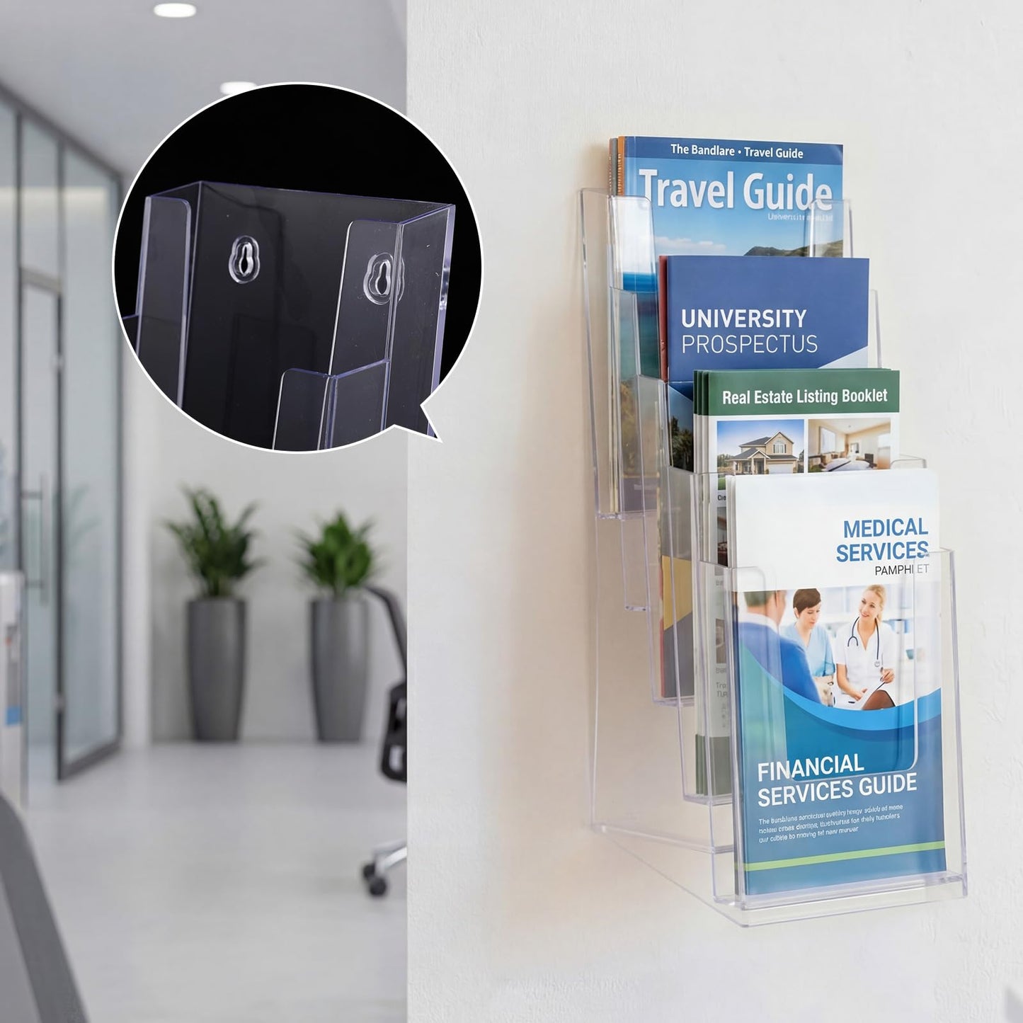 ForraFun 4 Pcs 5 Tier Acrylic Brochure Holder, 4 Inch Clear Brochure Display Stand Multi Pocket Pamphlet Holder Literature Rack Organizer Wall Mount or Countertop