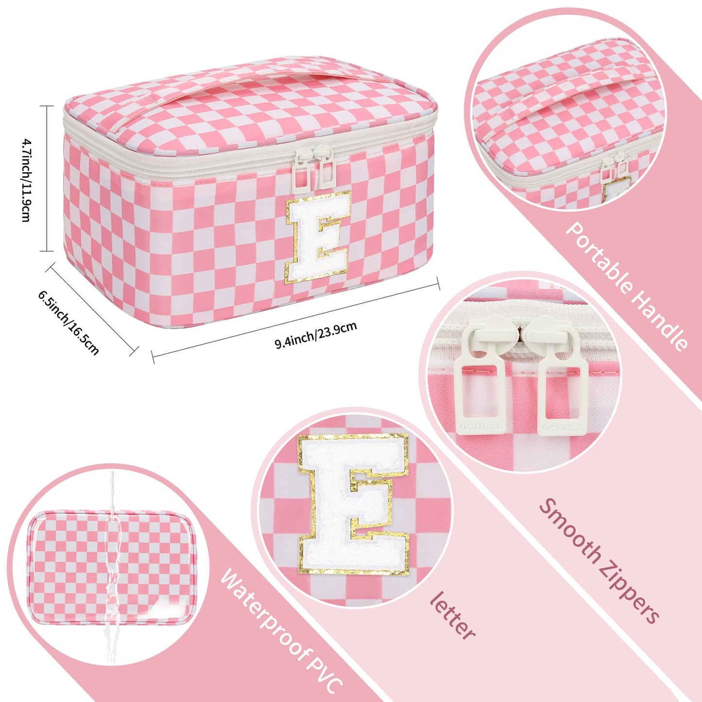 OCHEAL Makeup Bag for Women, Monogram Cosmetic Bag Pink Travel Makeup Case Beauty Toiletry Bag Organizer Personalized Gifts for Girls Bridesmaid, Sister, Wife, Friends Initial E