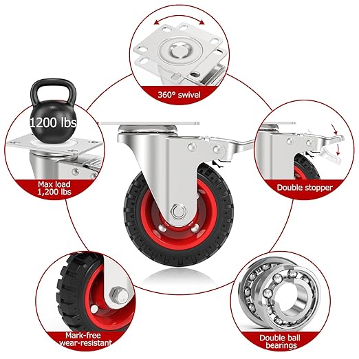 4" Swivel Caster Wheels with Safety Dual Locking and Rubber Tire Wheels, Heavy Duty - 300 Lbs Per Caster for Workbench, Cart, Trolley, Dolly, Cabinet, Compact Rubber Castor Wheels, 4-Packs