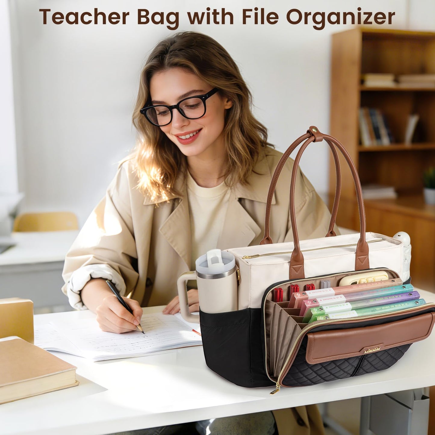 LOVEVOOK Teacher Tote Bag for Women Work, 15.6 Inch Laptop Bag with Large Cup Holder, Quilted Nurse Bag Briefcase with Accordion File Pocket, Computer Handbag for Bussiness Travel, Office, College