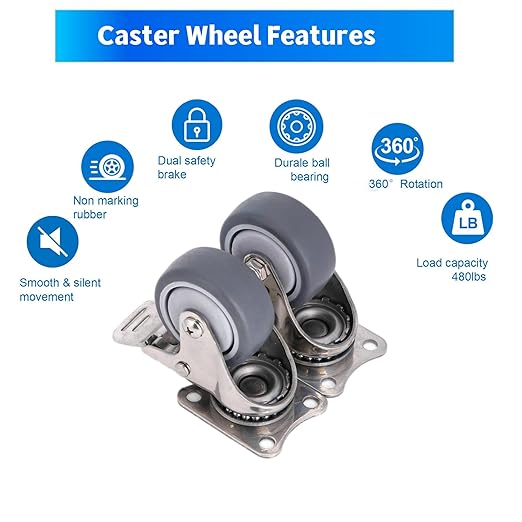 2 Inch Stainless Steel Caster Wheels Set of 4, Anti-Rust Swivel Casters with Brake, Silent and Floor-Friendly Thermoplastic Rubber Wheels for Furnitures,Labs,Hospitals,Restaurants