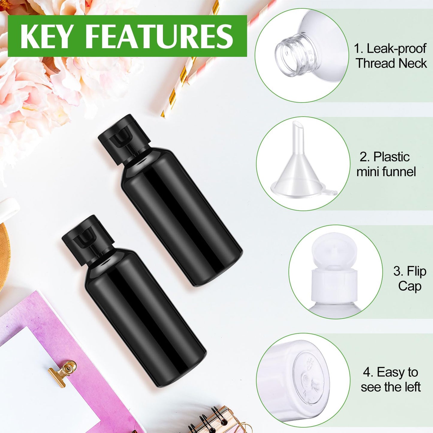 Eccliy 100 Pack 2 oz Plastic Bottles Travel Lotion Bottle Squeeze Container Plastic Bottles with Caps Small Travel Empty Refillable Toiletry Containers for Liquid Lotion Creams with 5 Funnels (Black)