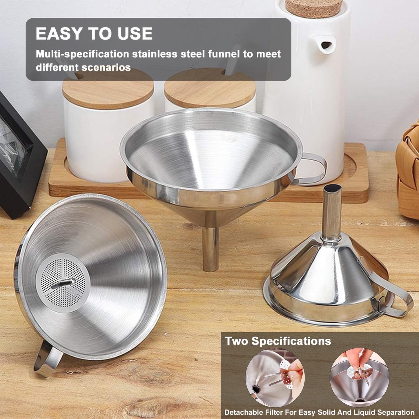 Lmoszuak Stainless Steel Funnels for Kitchen use,4PCS Kitchen Metal Funnel with 2 Removable Strainer,Cleaning Brush.Funnel for Filling Bottles,for Transferring of Liquid,Oils,Jam (5.1",3",2.2",1.8")