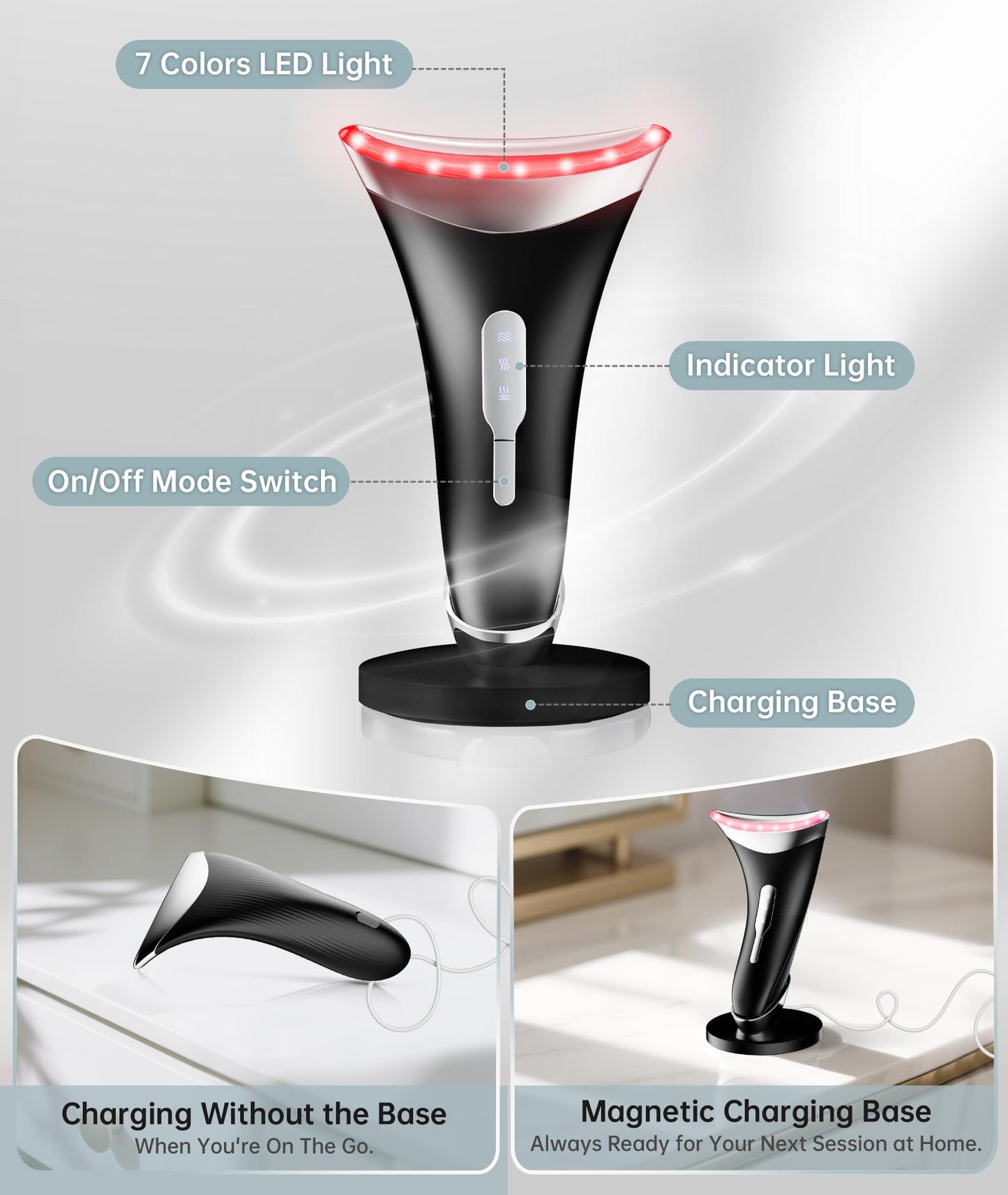 Dopsikn 7 Color Light Therapy Facial Massager with Adjustable Vibration and Thermals for Wrinkles, Double Chin, Red Light Skin Care Tool with Base, Black