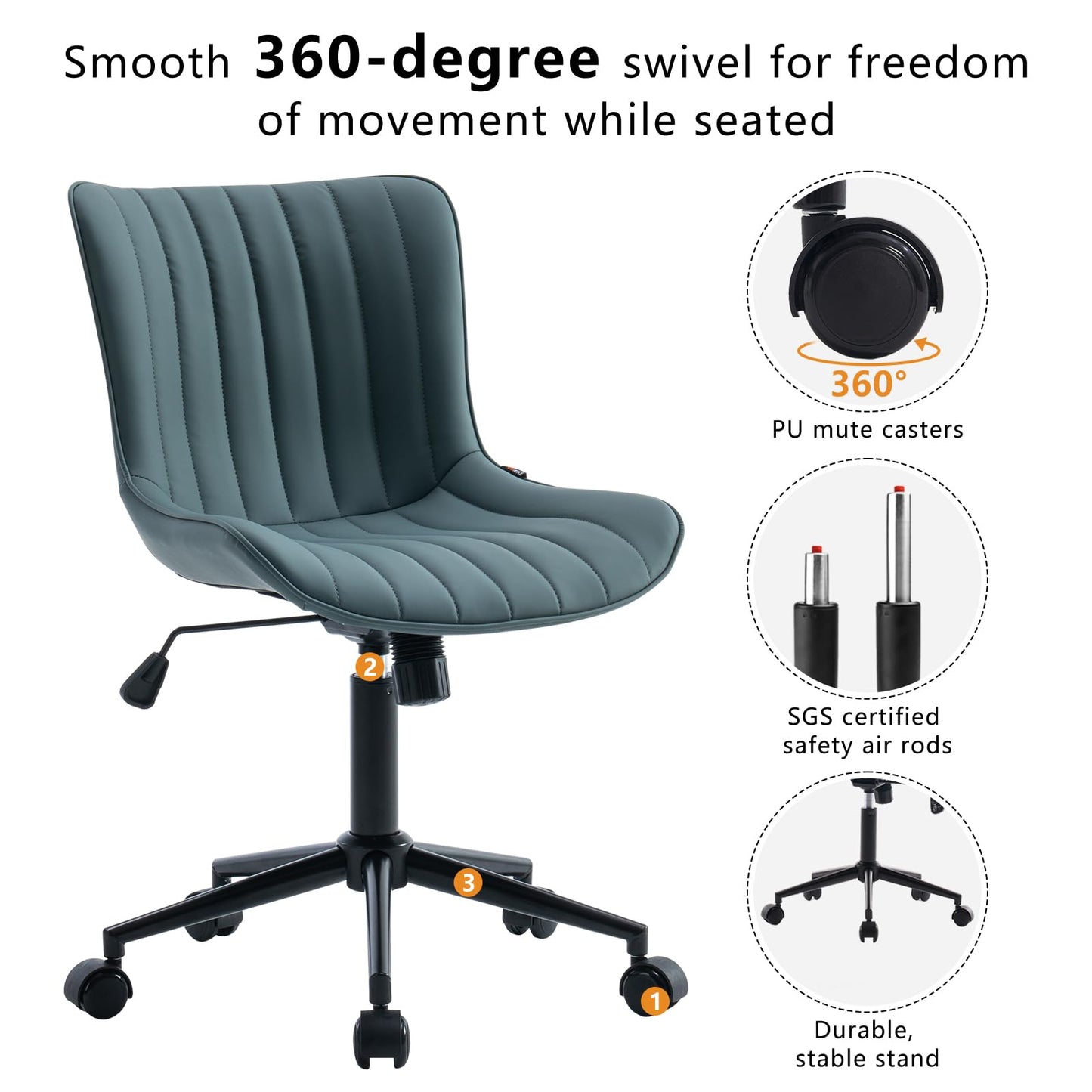 YOUNIKE Ergonomic Armless Office Chair Faux Leather Small Cute Desk Chair with 12° Rocking Back Adjustable Height Swivel Vanity Chair Compact Computer Rolling Task Chair for Small Spaces Greyish Green