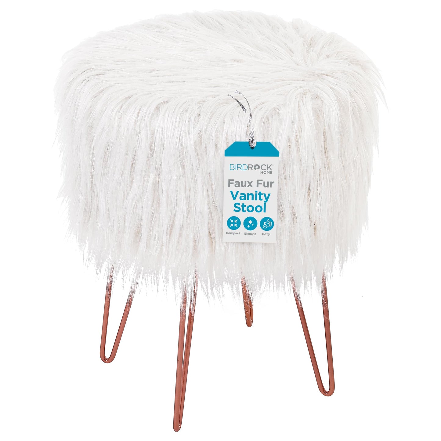 BIRDROCK HOME White Faux Fur Vanity Stool Chair - Soft Furry Compact Padded Seat - Vanity, Living Room, Bedroom and Kids Room Chairs - Hair Pin Metal Legs Upholstered Decorative Furniture Foot Rest