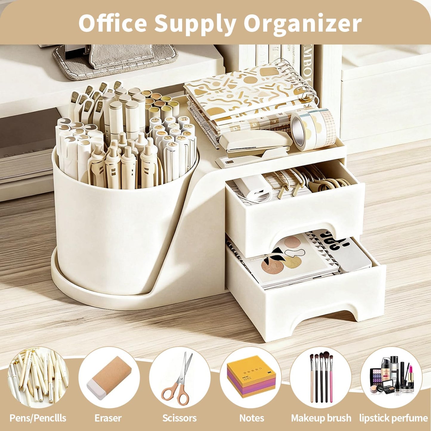 KHNR Makeup Organizer for Vanity, Vanity Organizer with 2 Drawers and Rotating Brush Holder, Bathroom Organizer Countertop, Cosmetic Organizer for,Lipsticks,Nail Polish (White)