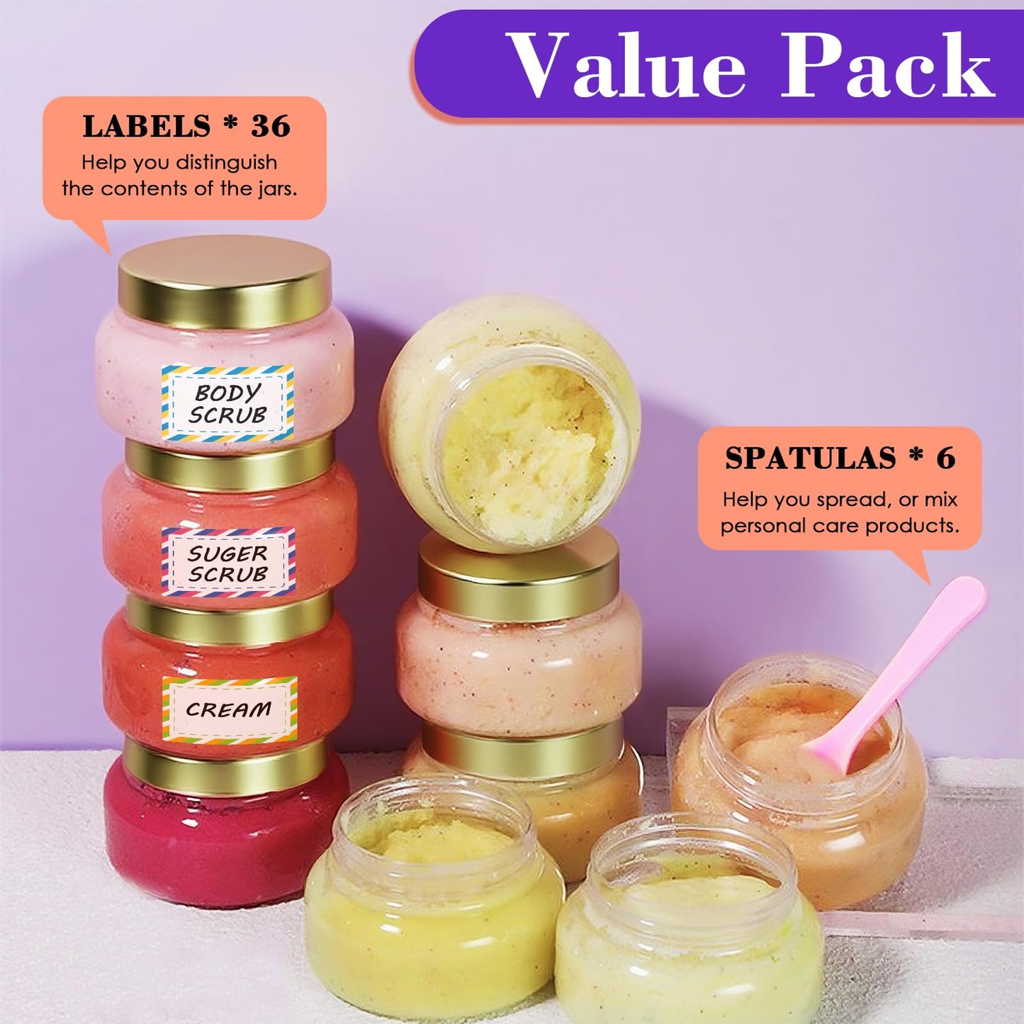 36 Pack 8 oz Plastic Cosmetic Containers With Lids Refillable Clear Empty Travel Jars Containers for Body Butter,Sugar Scrubs,Cream,Lotions,Candy, Waterproof Label&Spatulas - (Gold)