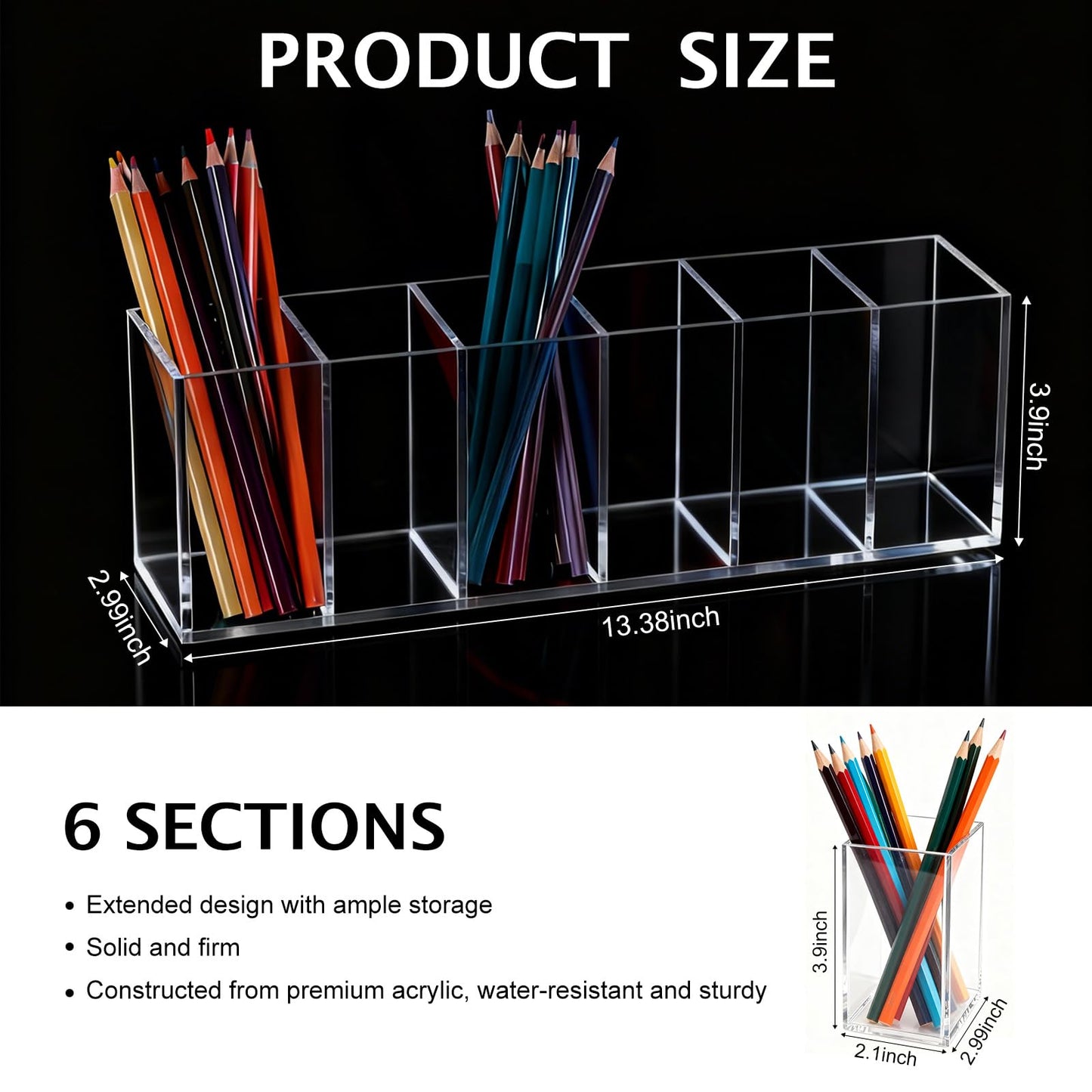 PEDOBALI 5 Pcs Clear Pencil Holder 6 Compartments Acrylic Cosmetic Brush Storage Box Pencil Cup Stationery Holder Makeup Brush Organizer for Bathroom Kitchen Dorm Office Desk Accessories