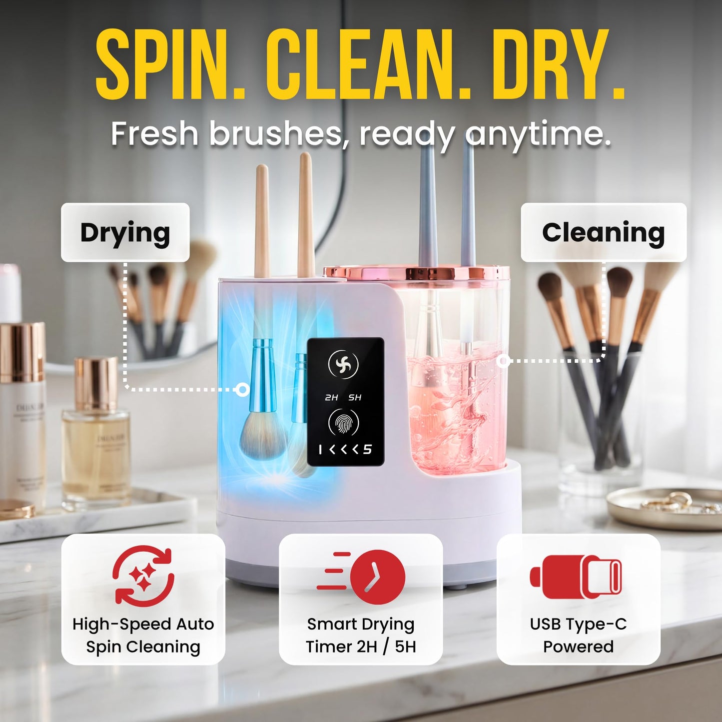 Electric Makeup Brush Cleaner & Dryer Machine – Automatic Deep Cleaning & Smart Drying, Portable One-Button Makeup Brush Cleaner for All Brush Sizes, Gift for Makeup Lovers