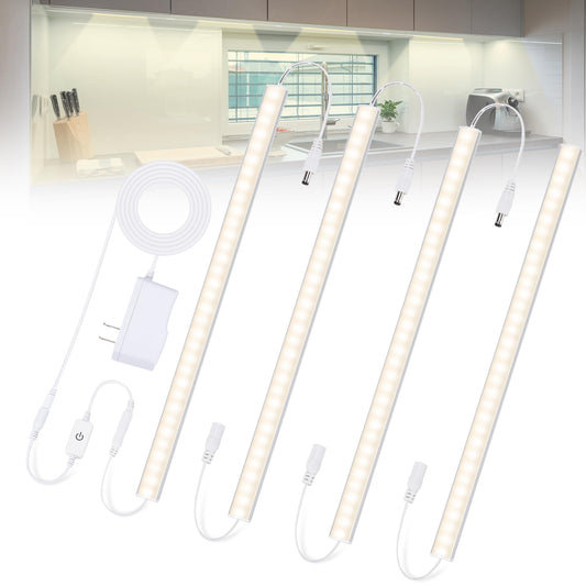 Under Cabinet Lights Plug-in Daylight White 4000K, Dimmable LED Under Cabinet Lighting, 4pcs 12 Inch Under-Counter Light Fixtures with Memory Function, Linkable LED Cabinet Light for Kitchen