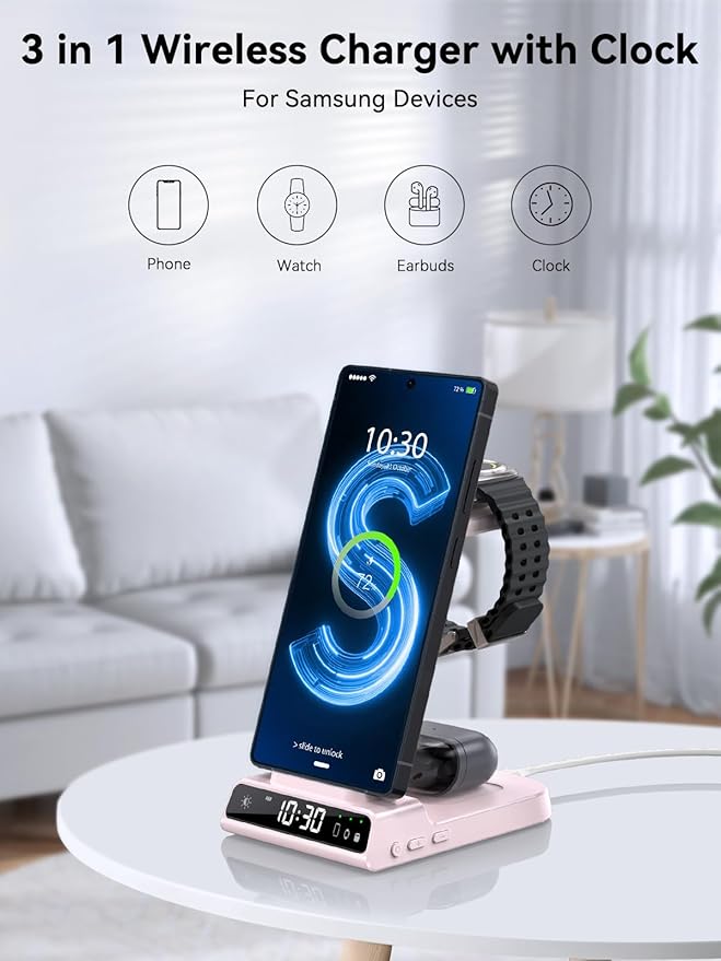 Wireless Charger for Samsung Charging Station with Clock for Samsung Galaxy S25 Ultra/S24 Ultra/Z Flip 6/5/Fold 5/Bud 2, 3 in 1 Charging Station Watch Charger for Samsung Galaxy Watch 7/6/5Pro(Pink)