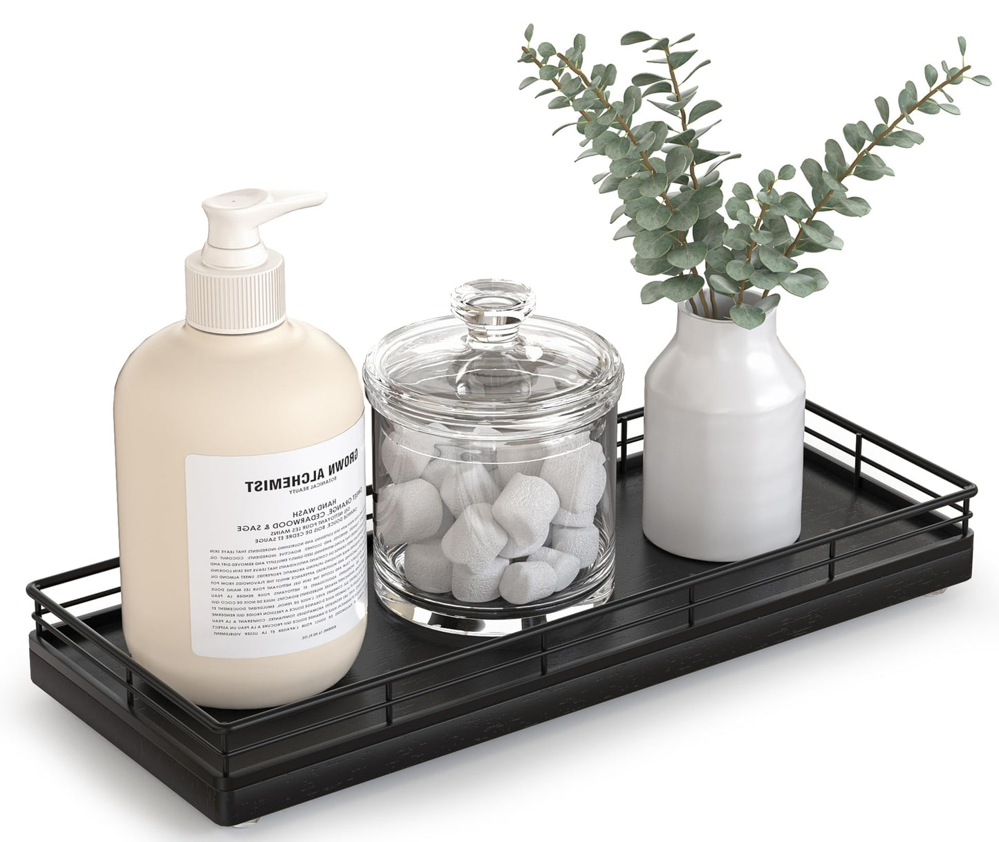 Bathroom Tray for Counter Top Organizer – Oak Wood Vanity Tray with Metal Frame for Dresser, Kitchen, Nightstand – Black Decorative Storage
