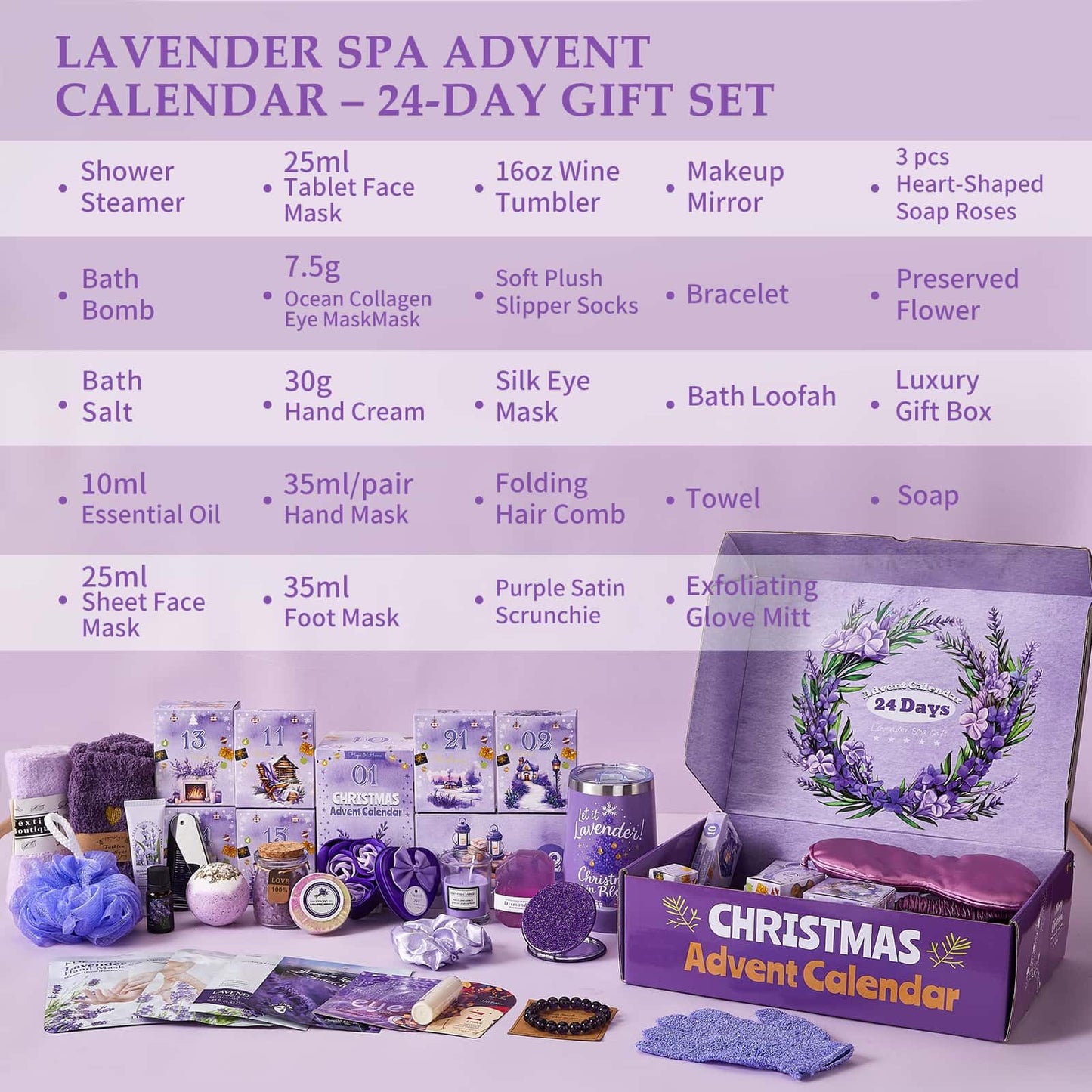 Advent Calendar 2026 Adult Women -24 Days of Christmas Advent Calendar for Mom, Wife, Girlfriend, Sister, Her - Lavender Spa Gifts Basket Set Includes Coffee Mugs, Scented Candle, Bath Salt, Soap