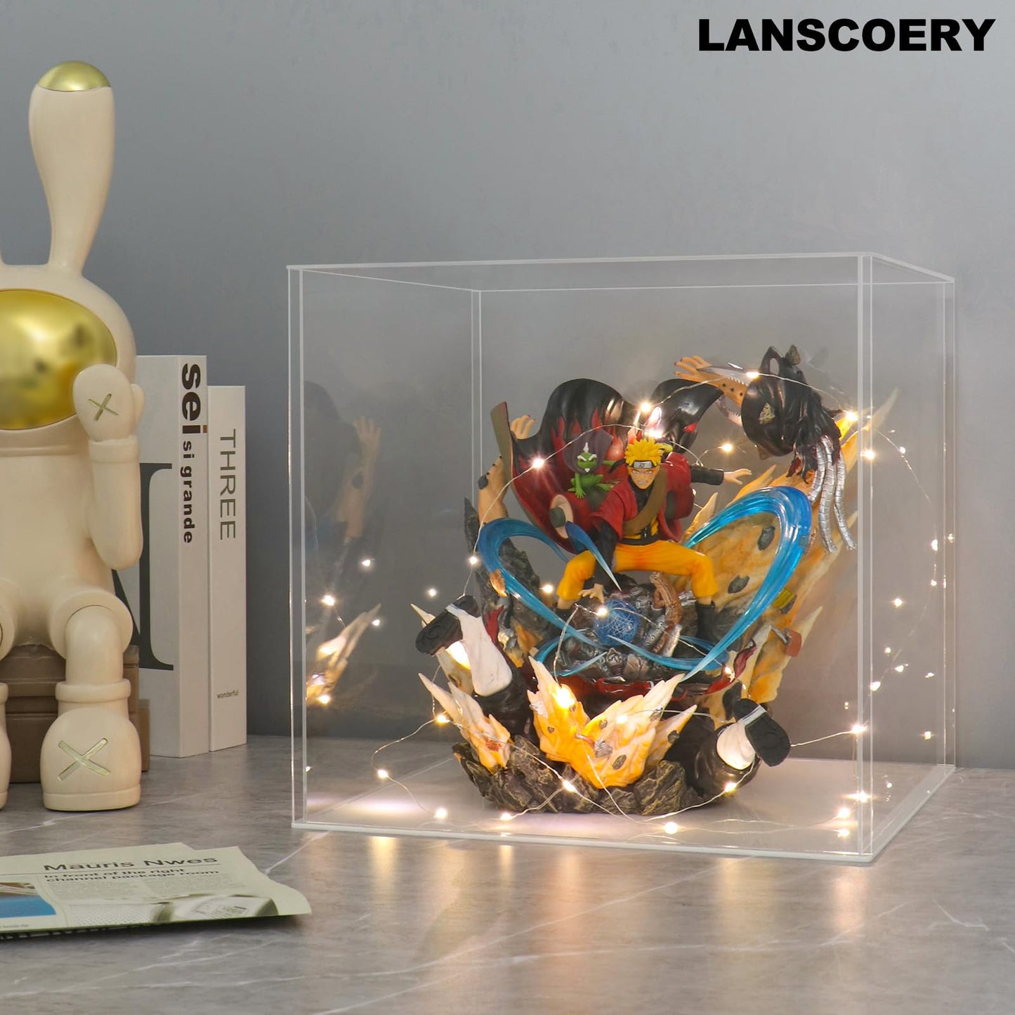 LANSCOERY Acrylic Display Case, 8x6x8 in Clear Display Box with 2mm Panels, White Base, LED String Light Accessory for Model Cars and Building Block Models