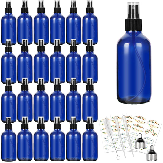 CycleMore 25 Pack 4oz Blue Glass Spray Bottles with Fine Mist Sprayers, Glass Travel Bottles for Cosmetic Essential Oils Cleaning Solutions Perfumes & More Liquids (1 Brush, 2 Funnels and 36 Labels)