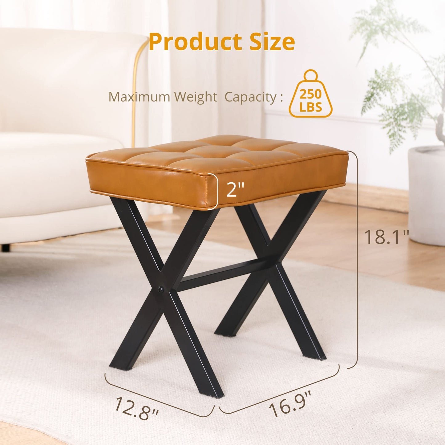 LUE BONA Vanity Stool, Faux Leather X-Leg Foot Stool, Small Ottoman Makeup Stool Chair for Vanity, Modern Padded Foot Rest Vanity Seat for Makeup Room, Bathroom, Whiskey Brown
