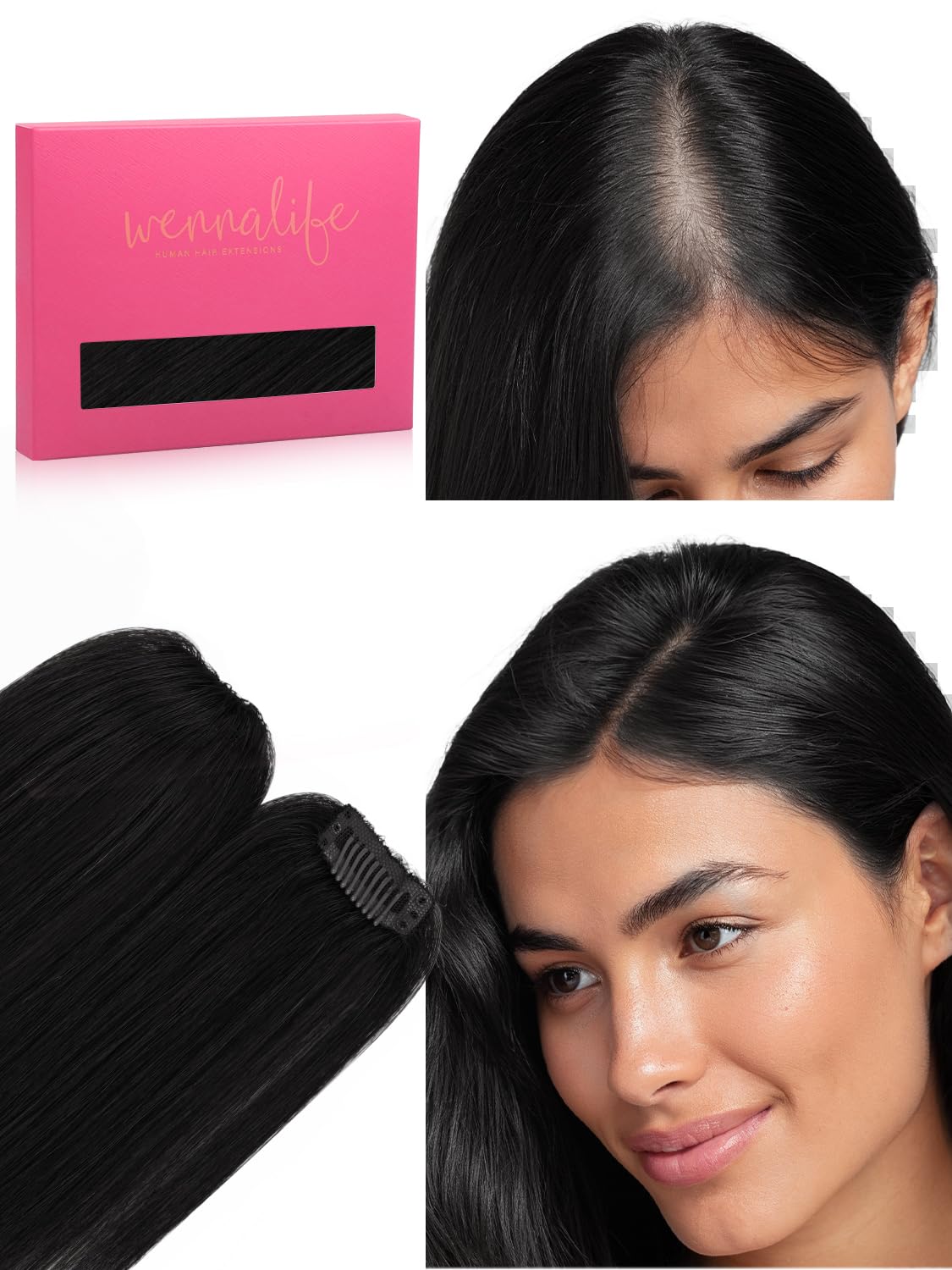 WENNALIFE Scalp Hair Fill-ins Clip in Hair Extensions Real Human Hair 14 inch 2pcs 10g Jet Black Hair Extensions Clip Ins Invisible Scalp & Part Line Coverage Remy Hair Extensiones De Cabello Humano