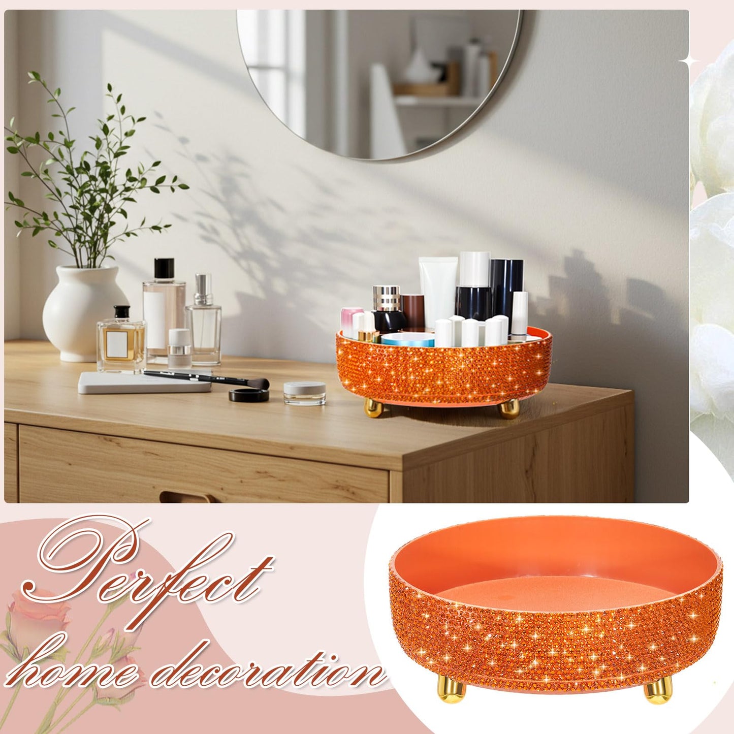 Honeydak Orange Bling Perfume Makeup Organizer Bling Mother's Day Nurses Day Gifts for Women Bathroom Organizers and Storage 360 Rotating Makeup Organizer for Countertop(Resin Stone)