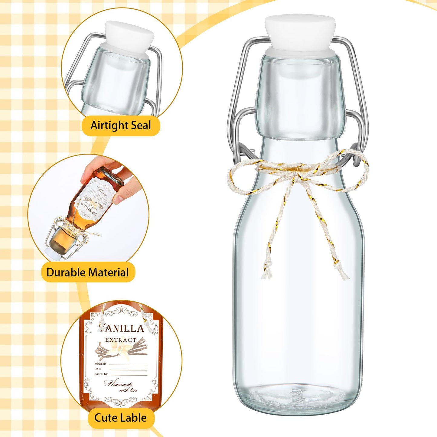 Queekay 20 Pack Mini Swing Top Glass Bottles for Vanilla Extract Homemade Olive Oil Bottles with Lids Airtight Cap Lids Labels for Wedding Baby Shower Favors(Clear,4oz)