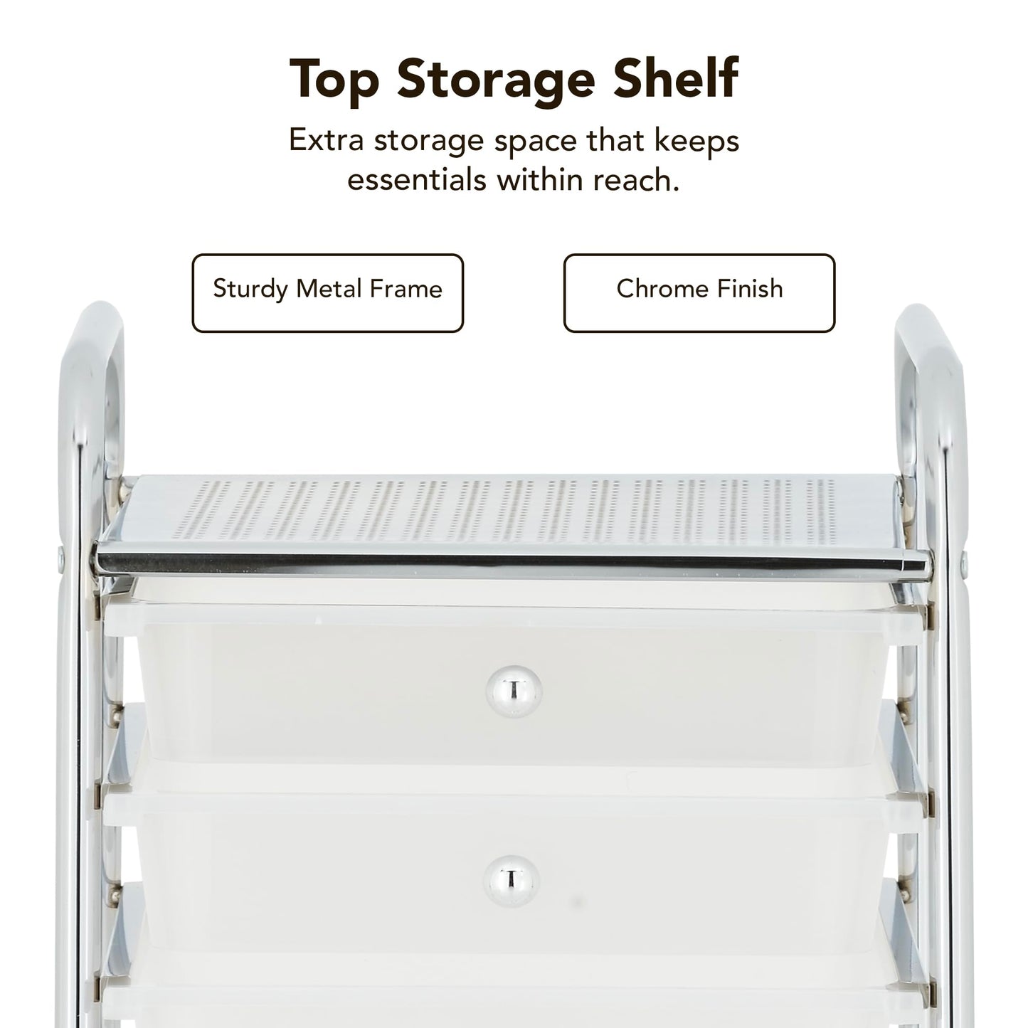 Display By Jack Rolling Storage Cart 10 Drawer Organizer with White Drawers, Slim 36" Chrome Frame, Locking Wheels, and Top Shelf for Office, Classroom, Bathroom, or Craft Storage