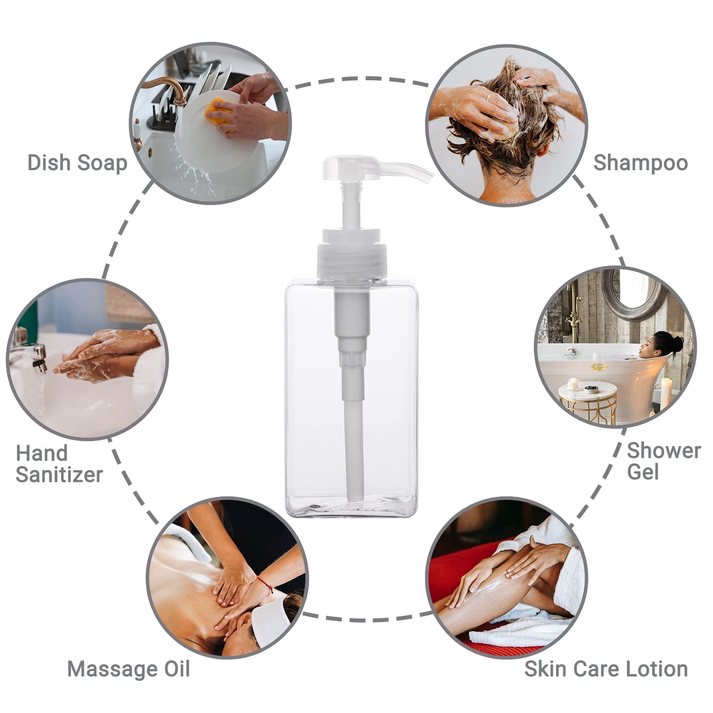 SUREAM Clear Empty Pump Bottles 6 Pack, 15oz/450ml Plastic Refillable Square Containers for Essential Oil Soap Lotion Shampoo Conditioner, Large Hand Pump Dispensers for Bathroom and Kitchen Sink Use