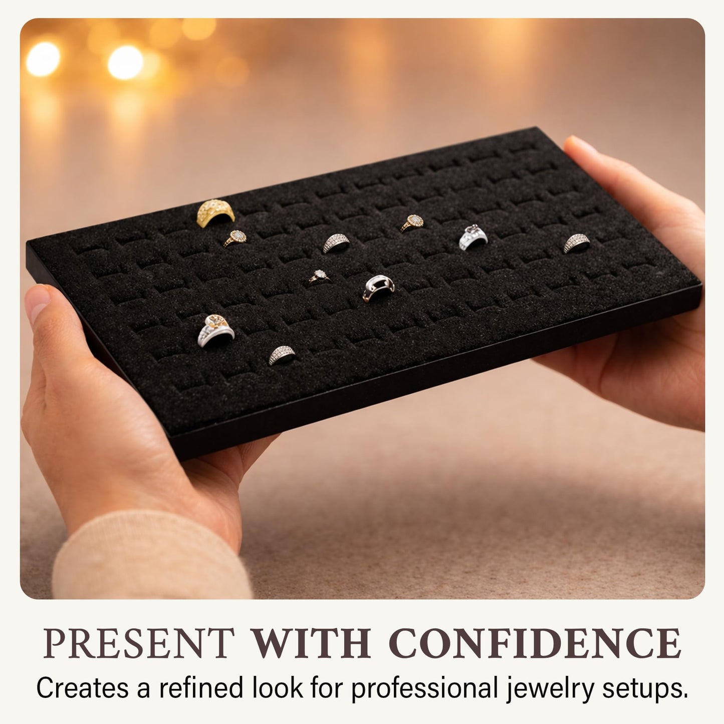 RJ Displays 72 Slot Black Ring Display Inserts for standard Jewelry tray size 14 1/4" x 7 3/4" x 1/2" Inch for Showcase, Counter top display. Micro Fiber polishing cloth included (Black, 2 Pack)