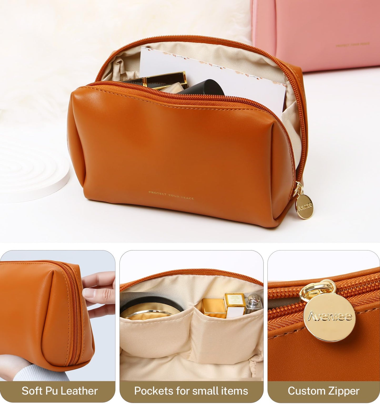 Aveniee Small Travel Makeup Bag, Vegan Leather Cosmetic Pouch for Purse,Wide-open Toiletry Organizer with Dividers & Zipper, Beauty Storage for Women-Brown