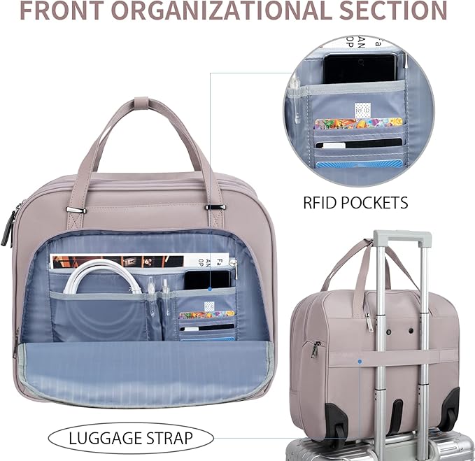 EMPSIGN Rolling Laptop Bag Women with Wheels, Briefcase for Women Fits Up to 15.6 Inch Laptop Briefcase on Wheels, Water-Repellent Overnight Rolling Computer Bag with RFID Pockets, Grey Pink