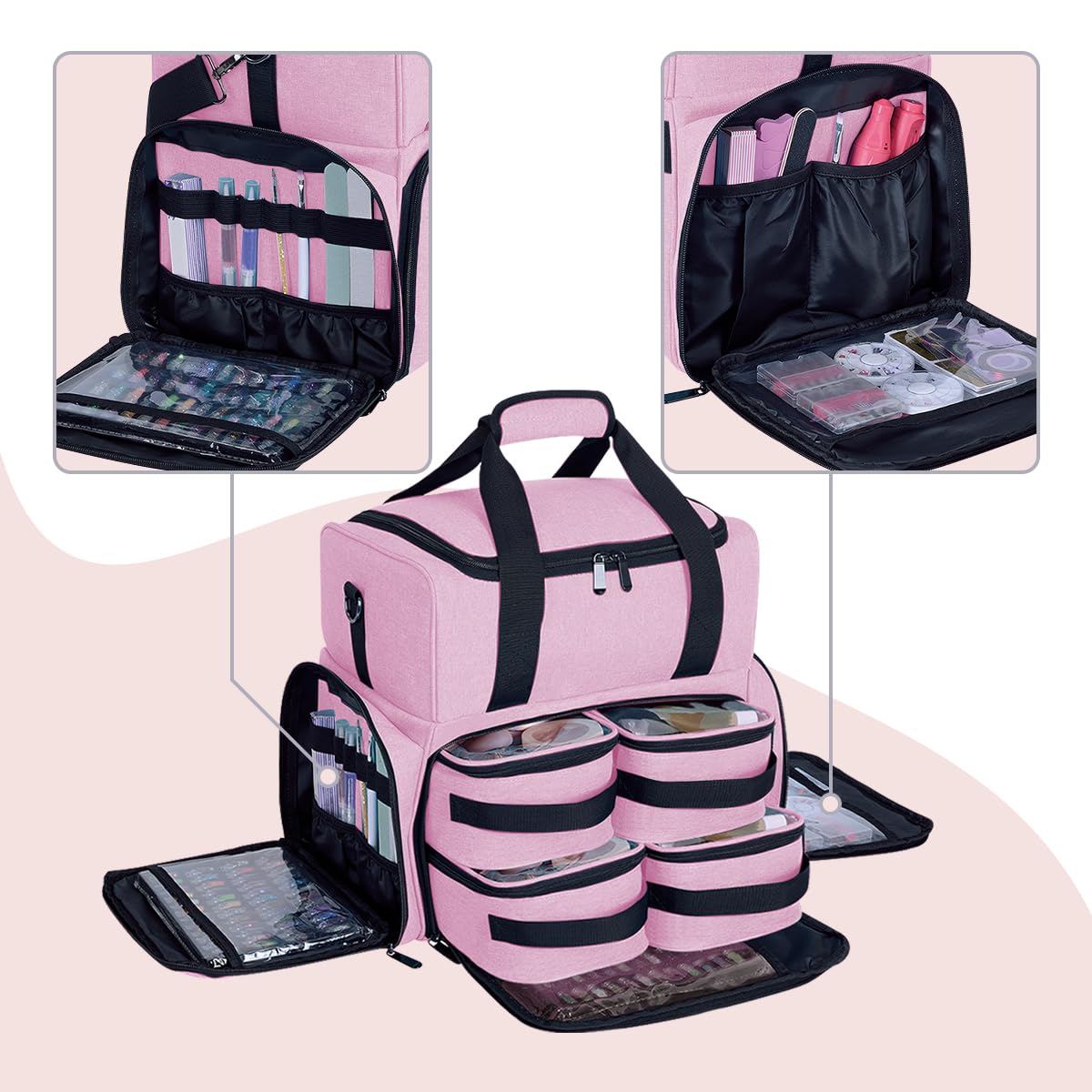 UOZL Large Cosmetic Bag with 4 Removable Case and 2 Removable Dividers Double Layer Travel Storage Organizer, Makeup Brushes Storage Section Pink