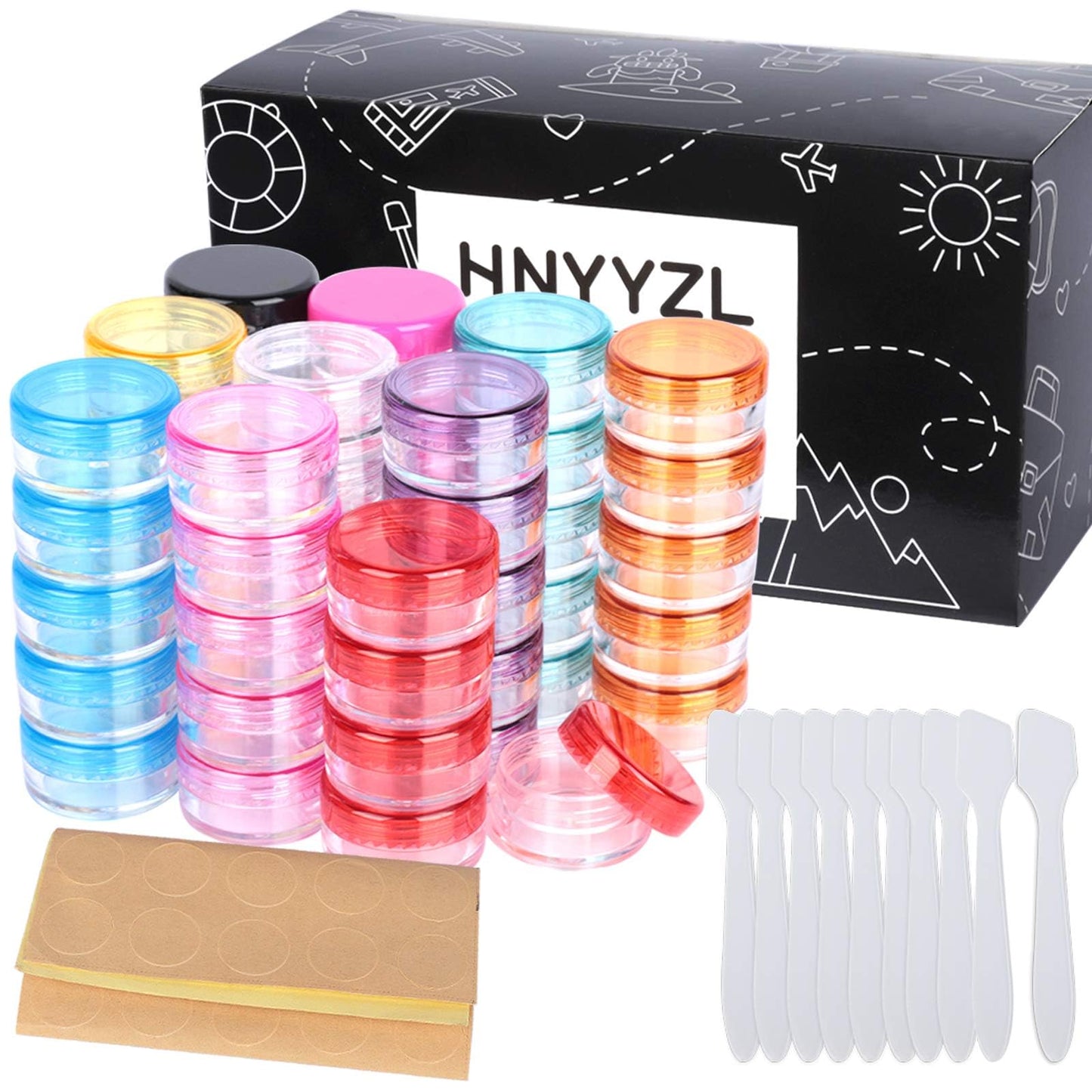 HNYYZL Sample Container,50 Pack Empty Cosmetic Containers Plastic Travel Pot Jar for Liquid Lotion Cream Sample Make-up Storage(10 Colors, 5ML),and 10pcs Mini Spatulas and 50pcs Labels