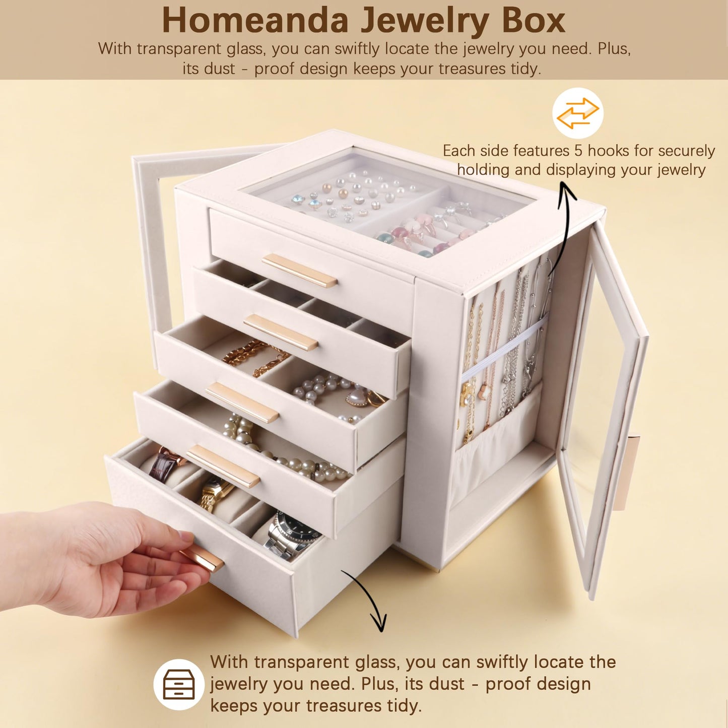 Homeanda 5-Layer Jewelry Box for Women, Glass Lid Jewelry Organizer and Storage with 5 Drawers for Necklaces, Rings, Earrings, Bracelets, Gift for Girls and Teens,PU Leather (Beige)
