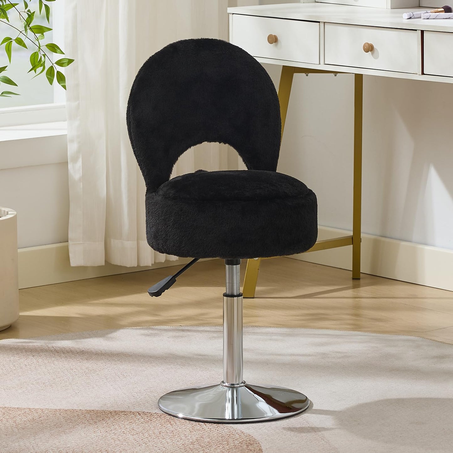 RUCUKEN Small Black Vanity Stool Chair with Storage Ottoman Adjustable Vanity Chair with Folding Back, Makeup Ottoman Stool for Vanity Chrome Finish