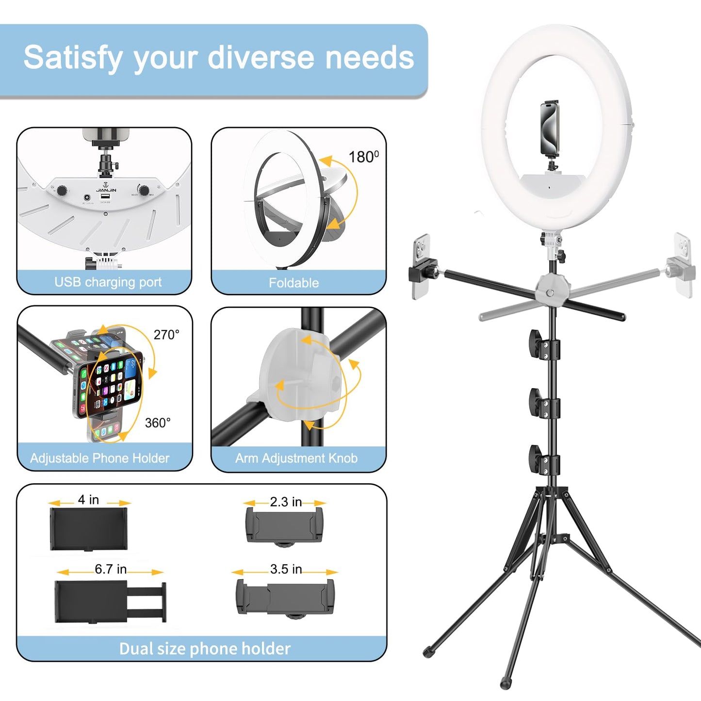 Bzyltrux 55W18 45cm Ring Light Kit [New Version] 6700K Dimmable LEDRinglightTripod Stand Dual Phone Holder for iPhone Selfie Makeup LashTattoo Studio Lighting Painting,Photo Video Recording (White)