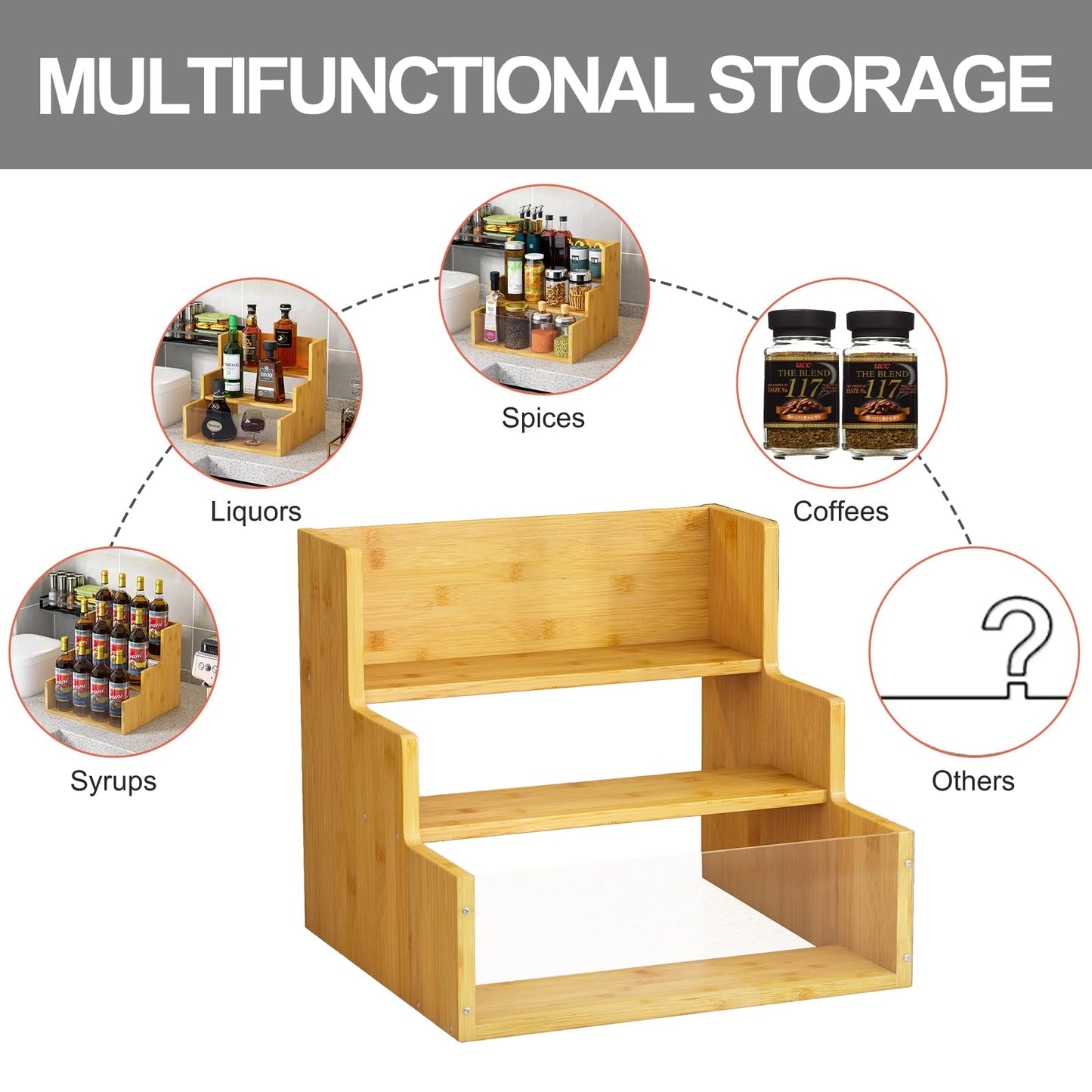 AEEHFENG Liquor Bottle Display Shelf Bar Shelves - Bamboo 12 Bottle Syrup Rack for Coffee Bar, Wine Bottle, Spices, Liquor and Whiskey Bottle Display