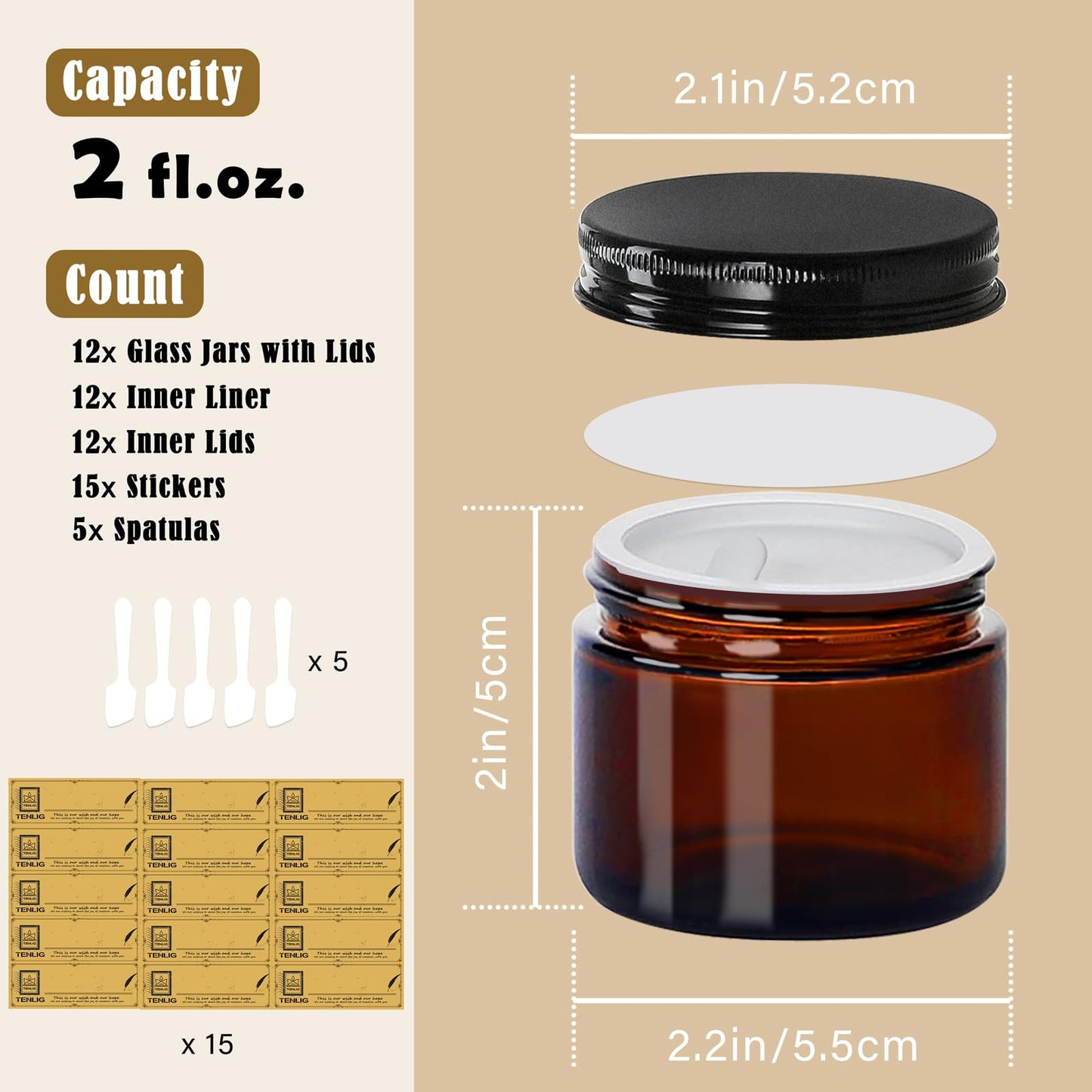 TENLIG 2 oz Glass Jars with Lids,Amber,12 Pack Empty Cosmetic Containers with Inner lids and Inner Liners,Black Metal Lid,Refillable Round Airtight Jars,Use to store Lotion,Powders,Candle Making