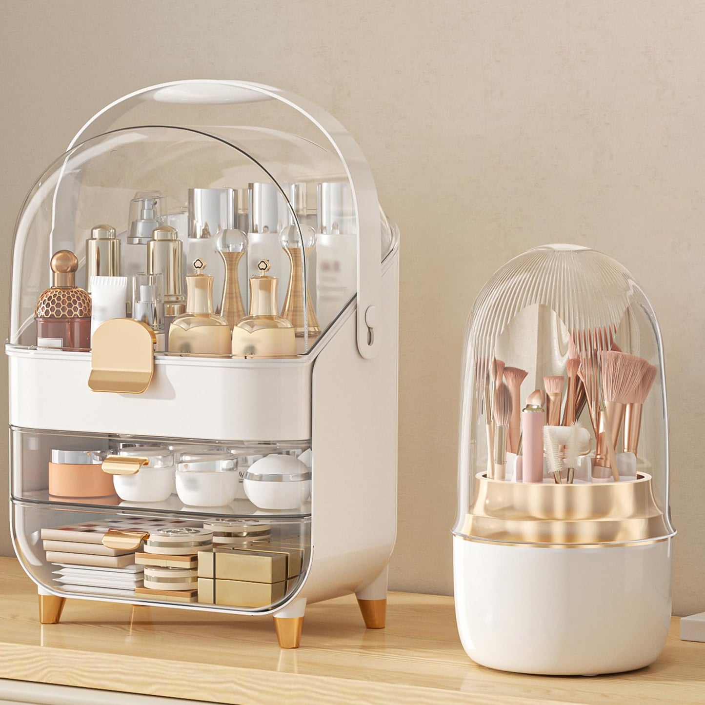 Makeup Organizer Countertop, Skincare Holder Bathroom Counter Organizer, Storage Box Cosmetic Display Cases, Teen Girl Gifts Make up Organizers (White/Brush)