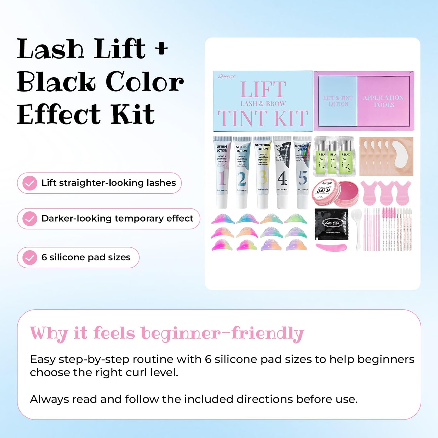 Lomansa Lash Lift and Black Kit, Eyelash Lift and Tint Kit for Natural Curled Darker-Looking Lashes, Strong Hold Lash Lift Glue, Salon Results Beginner-Friendly, Lasts Up to 4 Weeks