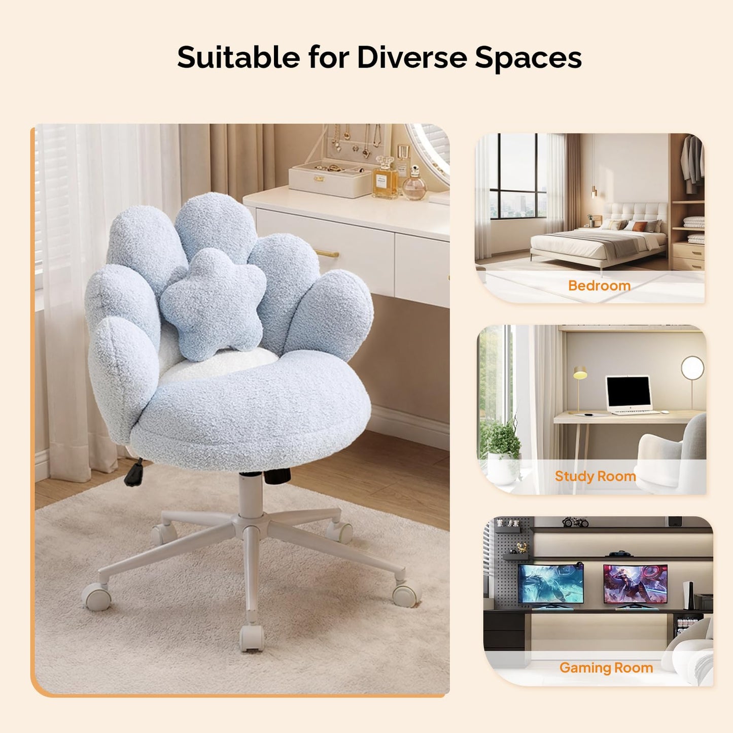 VINGLI Lovely Petal Vanity Desk Chair with Star Pillow, Height Adjustable Armless Swivel Chair in Vibrant Color-Blocking, Modern Computer Task Chair for Bedroom & Home Office, Teddy Fleece,Blue