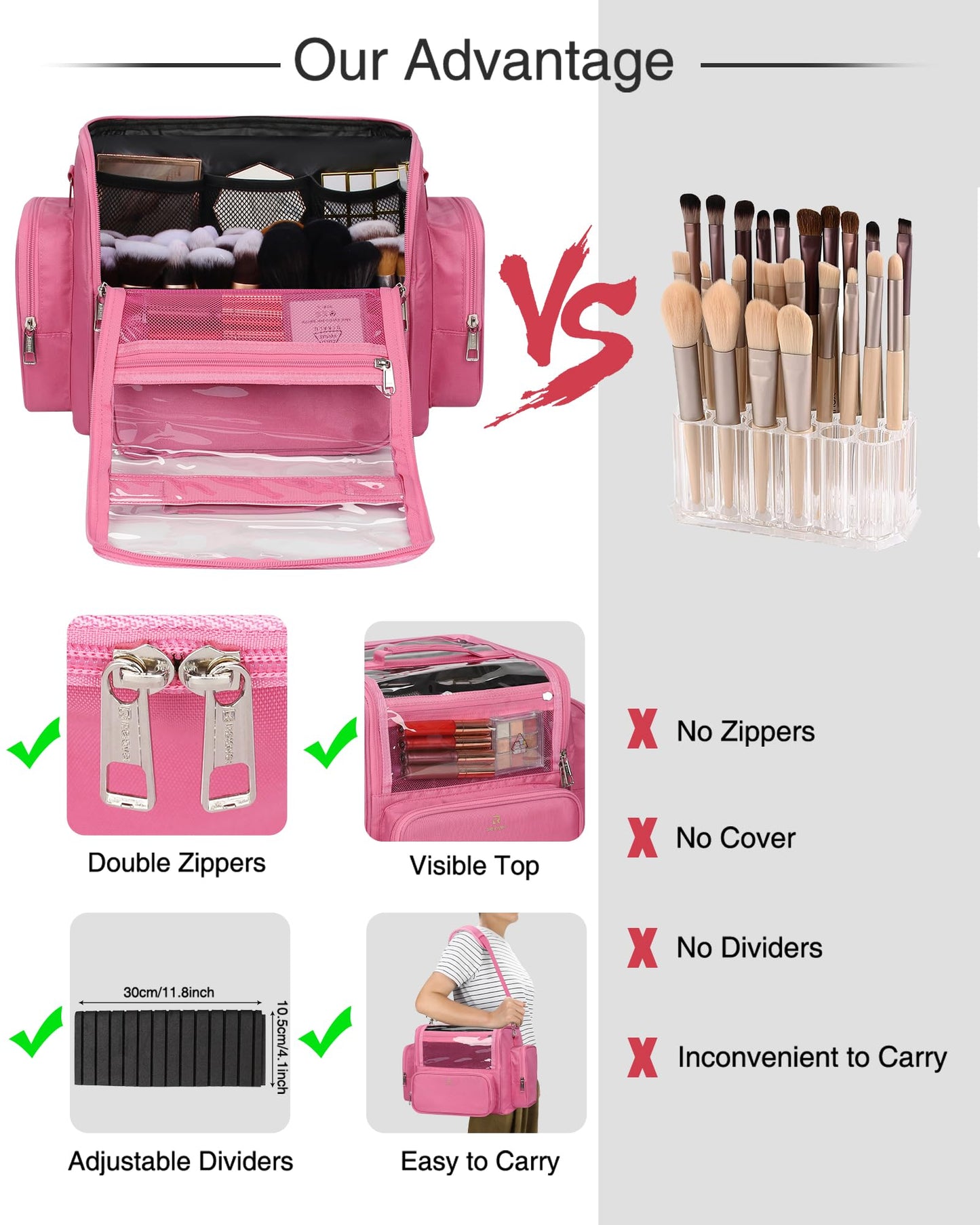 NAONAYA Pink Makeup Brush Bag, Clear Makeup Brush Holder with Lid, Extra Large Capacity Travel Cosmetic Bag Makeup Artist Must Haves,Make Up Organizers and Storage, with Adjustable Dividers