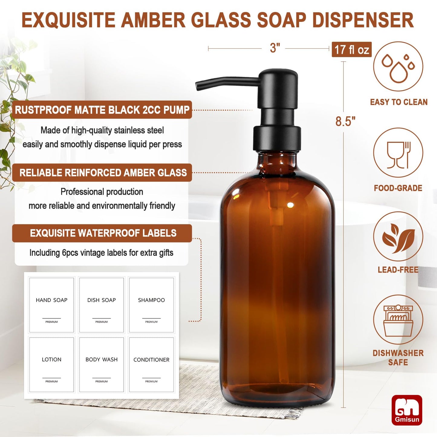 GMISUN Amber Glass Soap Dispenser, 6 Pack Bathroom Hand Soap Dispensers with Stainless Steel Pump, 17 Fl Oz Kitchen Hand and Dish Soap Dispenser Set, Modern Vintage Liquid Brown Soap Dispensers Bottle