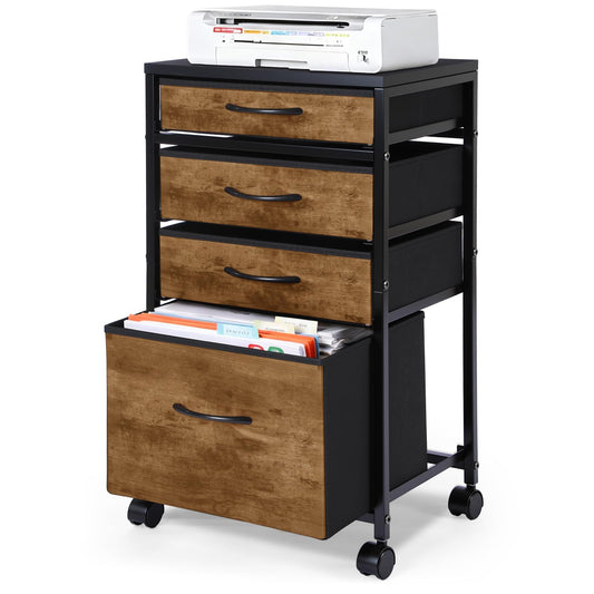 Chunful 4 Drawer Rolling File Cabinet Mobile Printer Stand Metal Cart with Fabric Vertical Filing Chest Wheels A4 Letter Size Under Desk Utility Craft Storage Organizer for Home Office School(Brown)