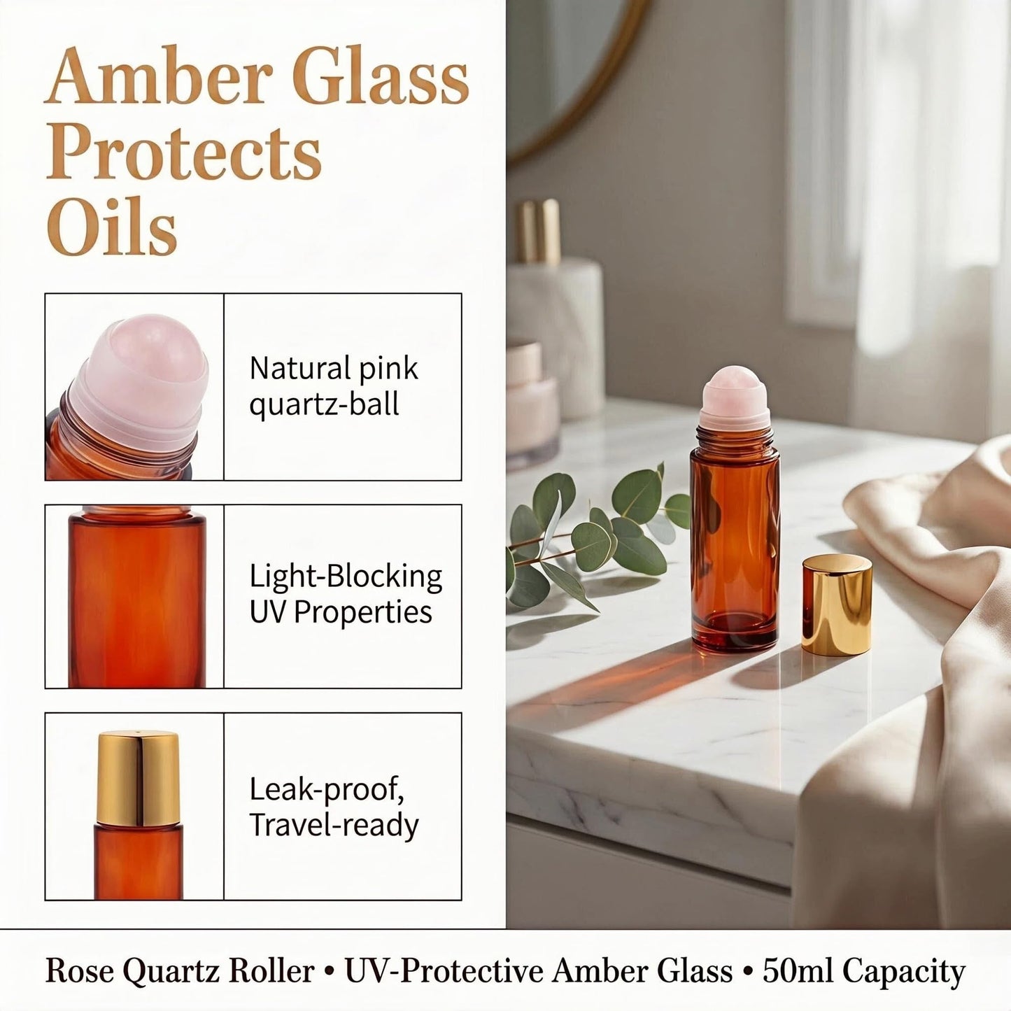 Roller Ball Applicator,Rose Quartz Roller Bottle,50ml Refillable Amber Glass Roll On Bottles with Natural Crystal Roller Balls,Leak-Proof Travel Perfume Bottle with Gold Caps (Pink+Green)