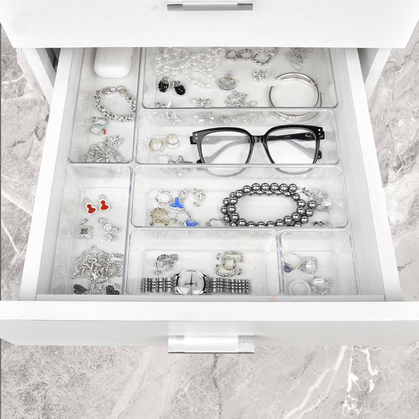 Manalete Drawer Organizers Set of 65, 4 Sizes Clear Plastic Drawer Organizers and Storage Bins for Kitchen, Bathroom, Office, Dresser Desk Drawer Organizer Tray for Jewelry, Makeup, Junk, Gadgets