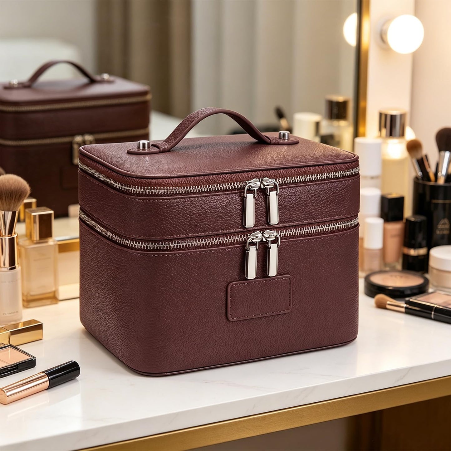 idoltimes Makeup Case,Leather Double Layer Makeup Bag Duo,Large Portable Travel Toiletry Case Cosmetic Organizer for Women