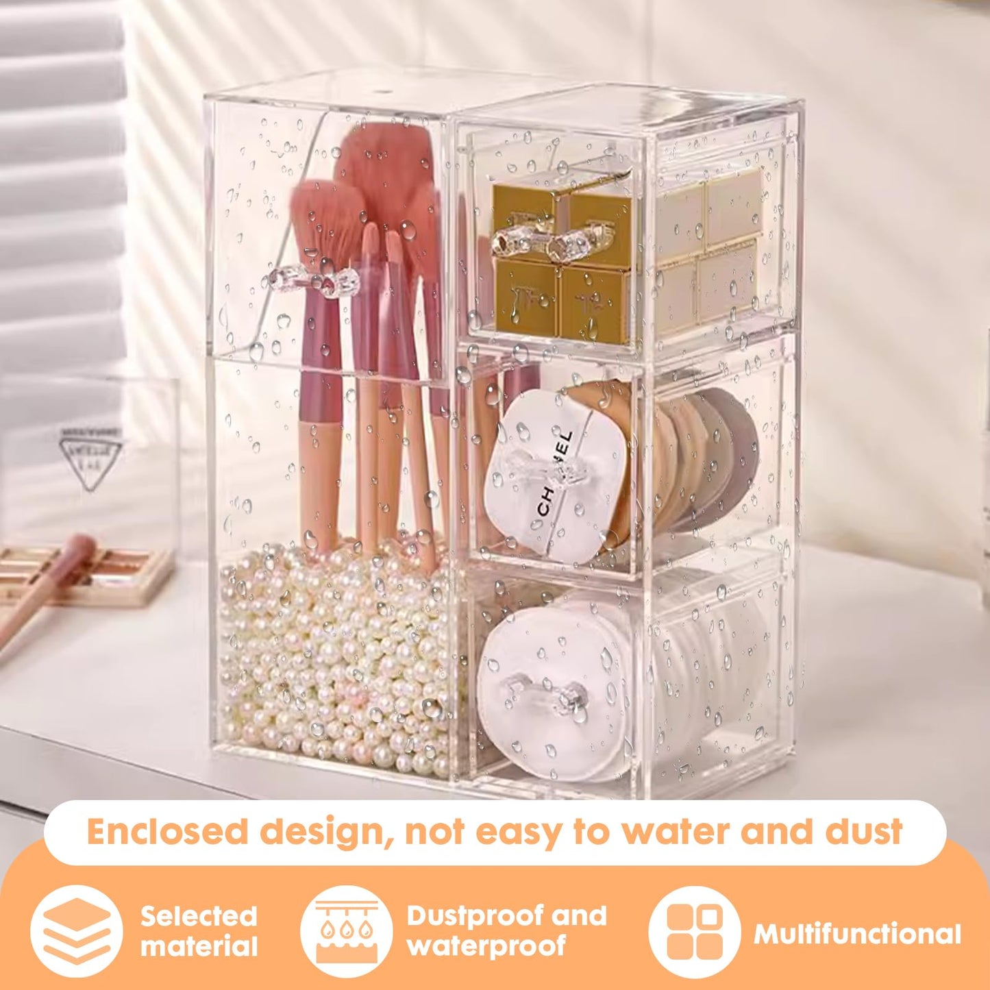 ShellKingdom Makeup Brush Holder,Clear Cosmetic Brushes Organizer With Drawer for Storage Brushes with Lid and Pearl for Dressing Tables and Vanity