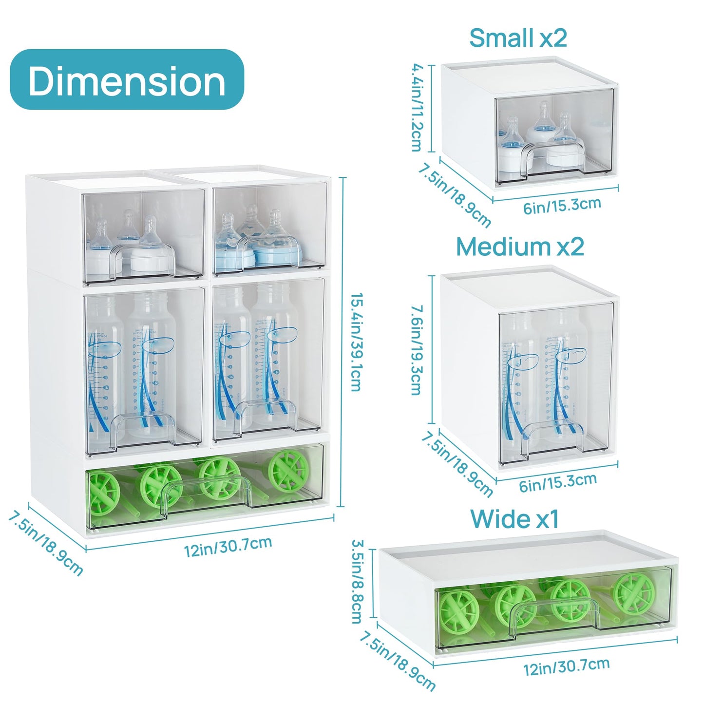 Vtopmart Stackable Storage Drawers Set of 5, Plastic Organizer Bins for Baby Bottle, Beauty Supplies Storage, Ideal for Kichen Countertop, Vanity, Bathroom, Cabinet, Pantry Organization,White
