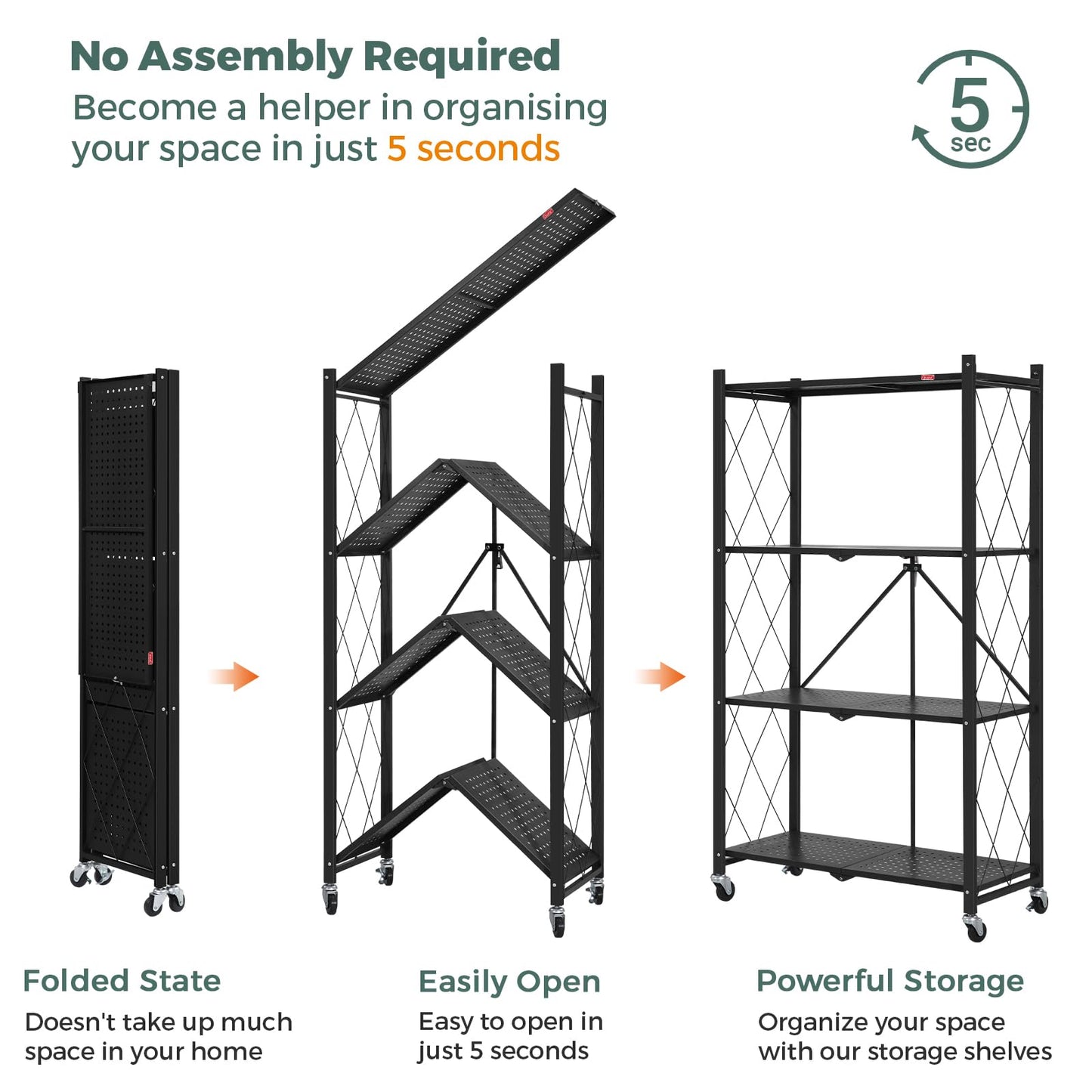 DEANIC 4 Tier Foldable Storage Shelves with Wheels, No Assembly Organizer Rack for Garage Kitchen, Basement, Pantry,Perfect for Craft Shows & Vendor Events(Black)